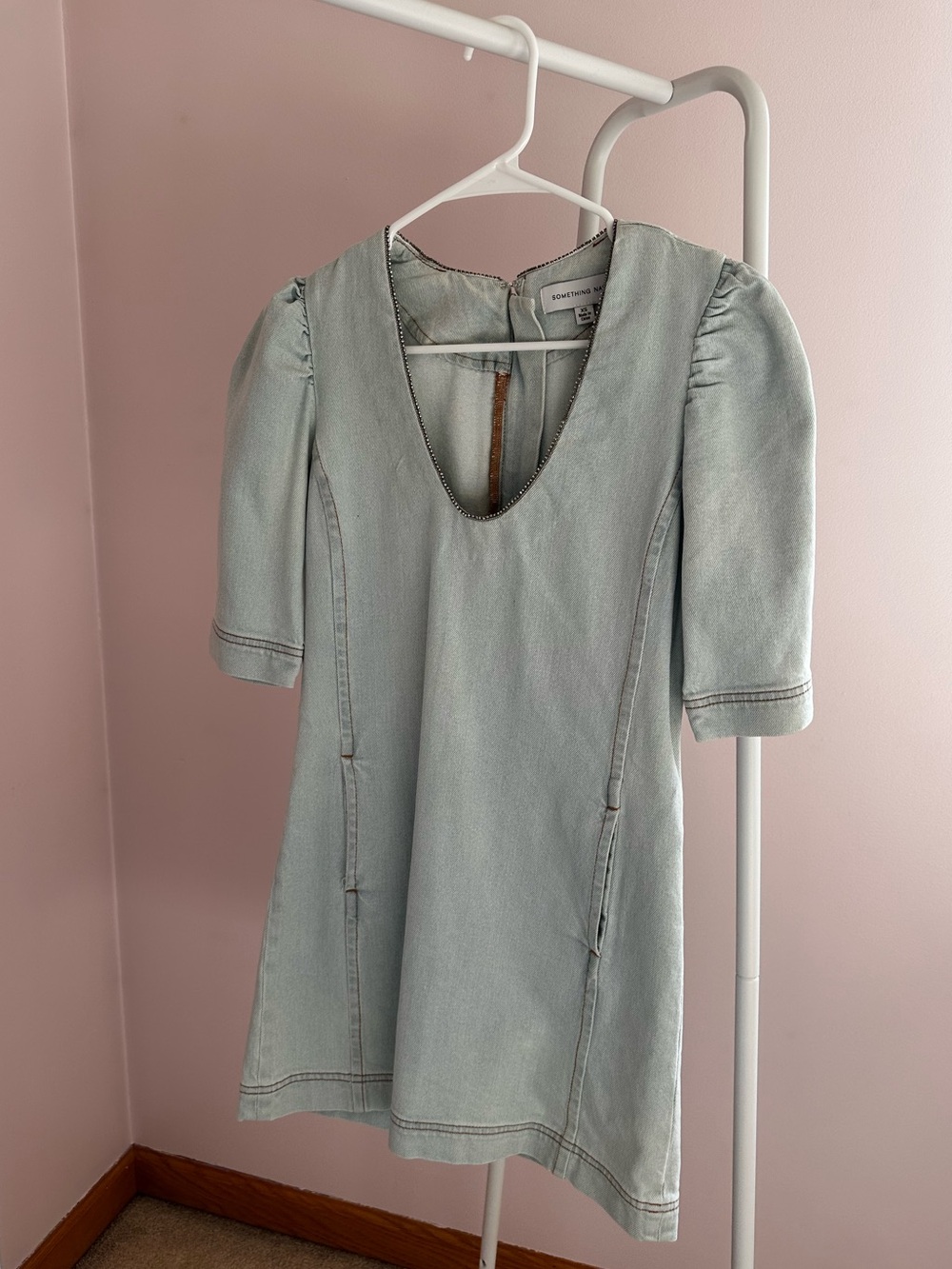 Something Navy Sage Green Beaded Trim V-Neck Dress